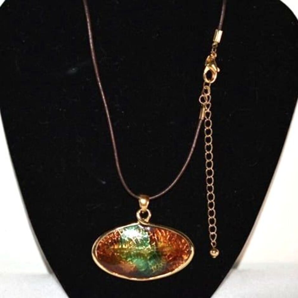 Chico's Retro Chic Oval Multi Color Glass Pendant Leather Chain Bib 20" Necklace
